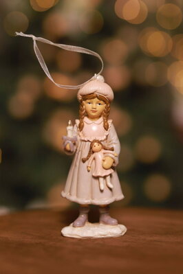Ružová vianočná ozdoba dievčatko s bábikou 12cm