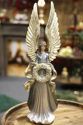Modro zlatá figúrka anjel s vencom 32cm